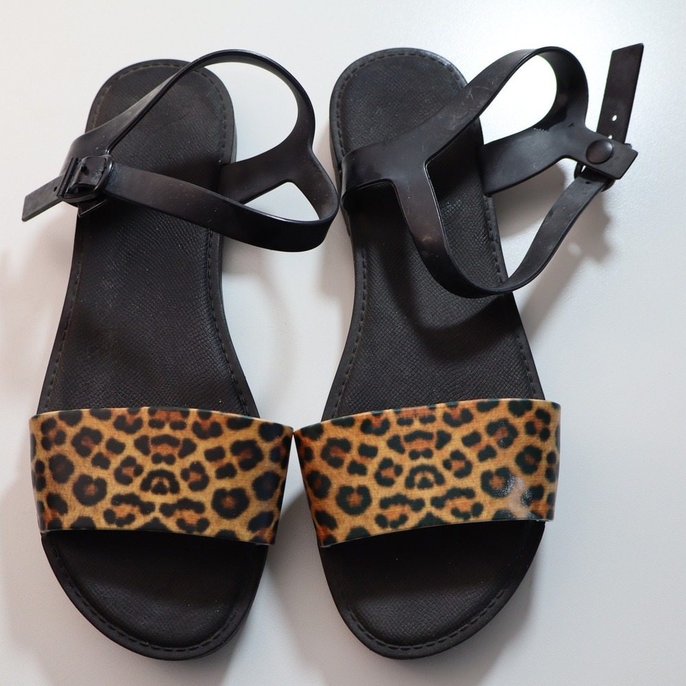 Xirella Jelly Sandals Womens 9 Leopard Print Black Ankle Strap Flat Shoes - Picture 4 of 8